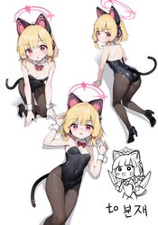  absurdres all_fours animal_ear_headphones animal_ears black_footwear black_leotard black_pantyhose blonde_hair blue_archive blush bow bowtie breasts cat_ear_headphones death_momoi_(meme) detached_collar fake_animal_ears female from_behind full_body hairbow halo headphones high_heels highres leotard looking_at_viewer low-tied_sidelocks lying meme momoi_(blue_archive) multiple_views on_back p-gnesium pantyhose pink_bow pink_bowtie pink_eyes pink_halo playboy_bunny second-party_source short_hair small_breasts smile strapless strapless_leotard white_background wrist_cuffs 