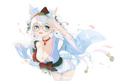  absurdres animal_ears bell blue_eyes blue_kimono bracelet breasts cat_ears choker cleavage collarbone copyright_request cowboy_shot de_yi diadem falling_petals female floating_hair flower glasses hand_up heart heart-shaped_pupils highres japanese_clothes jewelry jingle_bell kimono large_breasts leaning_forward long_hair long_sleeves looking_at_viewer obi oerba_yun_fang open_mouth original petals red_choker red_flower red_rose rose round_eyewear sash short_kimono short_yukata simple_background skin_fang smile solo standing symbol-shaped_pupils thighhighs very_long_hair white_background white_hair white_thighhighs wide_sleeves yukata 