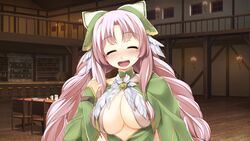  ^_^ atelier-moo blush braid breasts cleavage closed_eyes curtained_hair dress drunk female happy highres large_breasts long_hair long_sleeves looking_at_viewer narrow_waist night nina_lazydaisy open_mouth pink_hair ribbon smile solo standing tavern teeth twin_braids upper_body upper_teeth_only wizards_symphony 