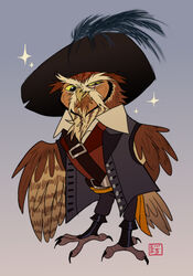  absurd_res avian bird brown_body brown_feathers clothed clothing ezylryb feathers feet feral guardians_of_ga&#039;hoole hat headgear headwear hi_res kabuki-aku male mature_male owl scar screech_owl simple_background solo talons toes true_owl whiskered_screech_owl yellow_eyes 