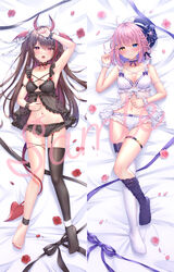  2girls arm_up armpits asymmetrical_legwear babydoll bare_shoulders barefoot bed_sheet beret black_hair black_panties black_thighhighs blue_eyes blue_hat blush bow bow_panties braid breasts cleavage closed_mouth commentary_request dakimakura_(medium) demon_girl demon_horns demon_tail demon_wings flower hand_up hat head_wings heterochromia highres horns kurumizawa_momo_(noripro) lying medium_breasts multicolored_hair multiple_girls navel no_shoes noripro oerba_yun_fang on_back open_mouth ouma_kirara panties petals pink_flower pink_hair pink_rose red_eyes red_flower red_hair red_rose red_wings rose sample_watermark single_thighhigh streaked_hair tail thighhighs underwear underwear_only unworn_hat unworn_headwear virtual_youtuber watermark white_panties white_thighhighs wings yellow_eyes yuyuko_(yuyucocco) 