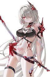  absurdres acheron_(honkai:_star_rail) bare_shoulders belt black_belt black_choker blhazx breasts chinese_commentary choker cleavage commentary_request cowboy_shot female flower grey_hair hair_flower hair_intakes hair_ornament hair_over_one_eye halterneck highres holding holding_sword holding_weapon honkai:_star_rail honkai_(series) large_breasts leg_tattoo long_hair looking_at_viewer md5_mismatch midriff navel official_alternate_color pubic_tattoo red_eyes red_flower scabbard sheath sheathed simple_background solo standing stomach sword tattoo thigh_strap thighs very_long_hair weapon white_background 