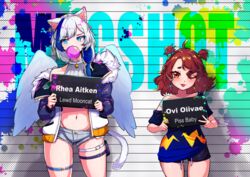  2girls absurdres animal_ears annoyed bell blue_eyes bra_strap brown_hair cat_ears chewing_gum collar commentary earrings english_commentary eyeshadow feathered_wings fur_trim highres holding holding_sign indie_virtual_youtuber jacket jewelry karan_koron100 makeup mugshot multicolored_clothes multicolored_hair multiple_girls navel neck_bell off-shoulder_shirt off_shoulder oiivae one_eye_closed open_clothes open_jacket paint_splatter panty_straps rhea_aitken shirt short_shorts short_twintails shorts sign single_earring sleeveless sleeveless_turtleneck thigh_strap tongue tongue_out turtleneck twintails virtual_youtuber white_collar wings yellow_eyes 