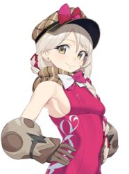  armpit_crease bare_shoulders bow braid breasts brown_gloves brown_scarf cabbie_hat closed_mouth dress female fire_emblem fire_emblem_engage framme_(fire_emblem) gloves grey_hair hair_between_eyes hair_ribbon hands_on_own_hips hat highres long_hair looking_at_viewer makino_harumaki multicolored_hair pink_bow pink_dress pink_hair plaid plaid_headwear plaid_scarf red_ribbon ribbon scarf sideboob simple_background single_braid sleeveless sleeveless_dress small_breasts smile solo two-tone_bow two-tone_hair upper_body white_background white_bow yellow_eyes 