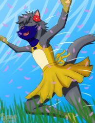  anthro blue_body blue_fur closed_eyes clothing domestic_cat dress felid feline felis femboy flower_hair_accessory fur grass grey_body grey_fur hi_res male mammal pawpads petals plant running scout_the_cat_(character) scoutthecat02 sky smile solo tail yellow_body yellow_fur 