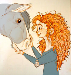  2012 ambiguous_feral ambiguous_gender angus_(disney) brave_(disney) clothing clydesdale curled_hair disney domestic_pet draft_horse dress equid equine eye_contact eyebrows female female_human feral freckles fur graystripe64 grey_body grey_fur grey_hair hair hi_res horse human humanoid_hands looking_at_another mammal mane markings merida open_mouth open_smile orange_eyes orange_hair pixar restricted_palette smile 