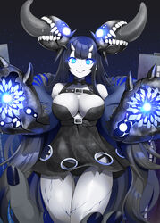  abyssal_ship atoll_aircraft_carrier_anchorage_princess bare_shoulders black_dress black_hair black_panties blue_eyes breasts cleavage colored_skin cracked_skin dress female glowing glowing_eyes grey_skin grin highres horns kantai_collection kodama_(mmt_uf) large_breasts long_hair looking_at_viewer panties saliva simple_background smile solo teeth underwear very_long_hair white_skin 