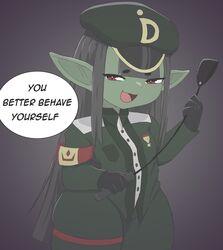  absurd_res black_hair clothing dialogue digeldickerson dwarfism english_text female goblin green_body green_clothing green_hat green_headwear hair hat headgear headwear hi_res holding_object holding_whip humanoid humanoid_pointy_ears long_hair looking_at_viewer medal military_cap military_uniform open_mouth red_eyes short_stack simple_background solo talking_to_viewer teasing text thick_thighs tongue uniform whip 