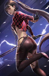  ass black_bodysuit black_gloves black_hair bodysuit breasts brown_eyes checkered_clothes clothing_cutout commentary cropped_hoodie dangle_earrings earrings english_commentary eve_(stellar_blade) female gloves gold_earrings half_gloves high_heels highres holding holding_sword holding_weapon hood hoodie jewelry long_hair looking_at_viewer looking_back medium_breasts nibelart parted_lips patreon_username ponytail racer&#039;s_high_(stellar_blade) red_hoodie simple_background solo standing standing_on_one_leg stellar_blade sword very_long_hair weapon 