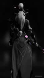  3d_(artwork) 9:16 abrakabadarka armor digital_media_(artwork) elf female grey_background hair hair_bun hi-rez_studios hi_res holding_object holding_weapon humanoid humanoid_pointy_ears lian_(paladins) monochrome paladins_(game) rear_view simple_background solo weapon white_hair 