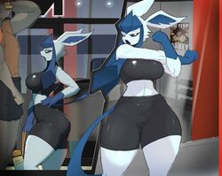  angry anthro artform42nd ass athletic_wear black_clothing blue_body blue_fur blue_hands bottomwear breasts buzzwole clothed clothing digital_media_(artwork) duo eeveelution female fingers fur generation_4_pokemon generation_7_pokemon glaceon gym gym_bottomwear gym_shorts human male mammal nintendo open_mouth pokemon pokemon_(species) poster pupils shorts standing stretching thick_thighs ultra_beast white_pupils ych_(character) 