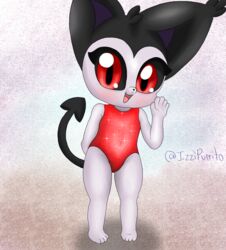  anthro black_body black_fur black_sclera clothing ear_tuft felid feline female flat_chested fur gesture happy hi_res humanoid izzi_(izzipurrito) izzipurrito looking_at_viewer mammal navel one-piece_swimsuit open_mouth paws red_clothing red_eyes red_swimwear simple_background smile solo spade_tail sparkles swimwear tail tuft waving waving_at_viewer white_body young young_female 