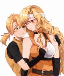  1boy belt black_choker black_gloves breasts brigid_(fire_emblem) choker couple dew_(fire_emblem) female fingerless_gloves fire_emblem fire_emblem:_genealogy_of_the_holy_war gloves green_eyes headband highres long_hair mazi_(pirate_archer) medium_breasts orange_eyes parted_bangs short_ponytail short_sleeves simple_background sleeveless smile standing straight white_background white_headband 