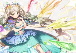  ahoge bad_id bad_pixiv_id breasts cleavage clothing_cutout de_la_fille dress female gradient_hair granblue_fantasy green_eyes green_hair grey_hair hair_ornament large_breasts long_hair multicolored_hair navel navel_cutout shiyun solo twintails 