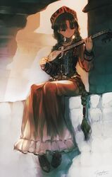  artist_name blue_eyes braid brown_hair chinese_clothes commentary_request dated dress female full_body garuku hair_over_shoulder hat highres instrument long_hair long_sleeves original rawap signature sitting smile solo twin_braids uygur uygur_clothes very_long_hair 