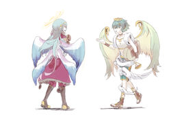  2boys angel archangel_gabriel_(p&amp;d) archangel_michael_(p&amp;d) bad_id bad_pixiv_id blue_hair glasses green_hair halo madocca multiple_boys puzzle_&amp;_dragons red_eyes scroll simple_background stone_tablet white_background wings 