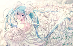  aqua_eyes aqua_hair bouquet bride commentary_request dress elbow_gloves female flower from_above gloves hair_flower hair_ornament hatsune_miku highres long_hair rose sakamoto_akira solo strapless strapless_dress twintails very_long_hair vocaloid wedding_dress white_dress white_flower white_gloves white_rose white_theme 