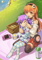  2girls :o bare_shoulders black_legwear blonde_hair blush choker collar collarbone commentary_request compa d-pad d-pad_hair_ornament detached_sleeves food game_console grass hair_ornament hairband handheld_game_console heart highres holding holding_spoon hood hooded_track_jacket jacket knees_together_feet_apart long_hair multiple_girls neptune_(neptunia) neptune_(series) no_shoes one_eye_closed orange_eyes orange_hair photoshop_(medium) picnic_basket plaid plaid_skirt pleated_skirt pudding purple_eyes purple_hair sandwich segamark sitting skirt spoon striped_clothes striped_thighhighs thighhighs track_jacket wariza water wiping_face yellow_eyes 