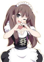  ;d apron blush brown_hair commentary_request female green_eyes heart heart_hands highres hoppege long_hair looking_at_viewer maid maid_apron maid_headdress okamoto_miyu one_eye_closed open_mouth skirt smile solo twintails wake_up_girls! 