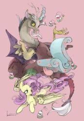  2017 chimera digital_media_(artwork) discord_(mlp) draconequus duo equid equine feathered_wings feathers female feral floral floral_print fluttershy_(mlp) friendship_is_magic hair hasbro hi_res horn horse kuzumori male mammal my_little_pony mythological_creature mythological_equine mythology nude pegasus pink_background pink_hair pony signature simple_background smile tea_bag wings 