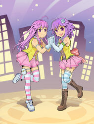  2girls bow commentary_request d-pad d-pad_hair_ornament hair_ornament holding_hands interlocked_fingers jacket looking_at_viewer multiple_girls nepgear neptune_(neptunia) neptune_(series) photoshop_(medium) purple_eyes purple_hair segamark skirt skyline striped_clothes striped_thighhighs thighhighs 