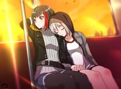  2girls aoba_moca arm_up bang_dream! belt black_hair black_jacket black_pantyhose bob_cut closed_eyes commentary_request denim denim_shorts diffraction_spikes drawstring dusk grey_hair grey_jacket grey_sweater hand_on_own_head head_on_another&#039;s_shoulder holding_hands jacket leaning_on_person leaning_to_the_side long_sleeves mitake_ran multicolored_hair multiple_girls nyanmaru_(ememing) pantyhose pantyhose_under_shorts red_eyes red_hair ribbed_sweater shirt short_hair shorts side-by-side signature sitting sleeping sleeping_on_person sleeping_upright streaked_hair sweater train_interior turtleneck turtleneck_sweater white_shirt window yuri 