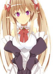  apron blush breasts brown_hair commentary detached_sleeves elf female frills highres large_breasts long_hair looking_at_viewer maid maid_headdress myucel_foalan outbreak_company page_(page1555) pointy_ears purple_eyes smile solo twintails 