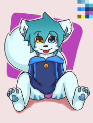  3:4 anthro biped blue_eyes bulge canid canine clothed clothing cynxie_(artist) fox heterochromia hi_res male mammal model_sheet pawpads shirt simple_background sitting solo tongue tongue_out topwear underwear yellow_eyes young young_anthro 