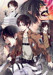  1boy :d black_hair brown_eyes brown_hair brown_jacket brown_pants brown_shirt candle collarbone commentary_request dual_wielding emblem eren_yeager green_eyes grey_shirt holding holding_sword holding_weapon jacket looking_at_viewer maine_(unap!) military military_uniform open_clothes open_jacket open_mouth pants paradis_military_uniform pointy_ears shingeki_no_kyojin shirt smile standing survey_corps_(emblem) sword three-dimensional_maneuver_gear uniform weapon white_pants yellow_eyes 