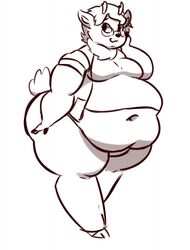  2017 anthro antlers belly big_belly black_and_white bottomwear chest_tuft clothing cloven_hooves deep_navel deer digital_media_(artwork) dimmerolls eyewear glasses hand_on_face hi_res hooves horn looking_at_viewer mammal midriff monochrome moobs navel obese obese_anthro overweight overweight_anthro pants shirt simple_background smile solo thick_thighs topwear tuft walking 