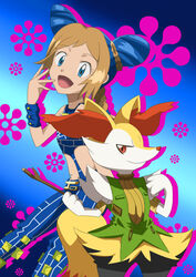  animal_ear_fluff animal_nose armband bad_id bad_pixiv_id black_fur blonde_hair blue_background blue_eyes blue_hair braixen cone_hair_bun cosplay double_bun ermes_costello ermes_costello_(cosplay) female gradient_background hair_bun halterneck highres holding holding_stick jojo_no_kimyou_na_bouken kujo_jolyne kujo_jolyne_(cosplay) multicolored_hair navel_piercing photoshop_(medium) piercing pokemon pokemon_(anime) pokemon_(creature) pokemon_xy reo_j serena_(pokemon) snout spider_web_print stick stone_ocean turtleneck two-tone_hair white_fur wristband yellow_fur 