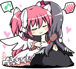  2girls akemi_homura akuma_homura ayuhara_hiiro bad_id bad_pixiv_id blush brushing_another&#039;s_hair brushing_hair chibi closed_eyes dress eighth_note hair_brush hair_ribbon heart hug kaname_madoka long_hair mahou_shoujo_madoka_magica mahou_shoujo_madoka_magica:_hangyaku_no_monogatari multiple_girls musical_note ribbon smile speech_bubble spoilers spoken_blush spoken_musical_note two_side_up ultimate_madoka very_long_hair white_dress wings yuri 