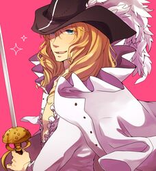  1boy blonde_hair blue_eyes cape cavendish dressrosa hat long_hair mako1124 male male_focus open_clothes open_shirt shirt solo sword weapon 