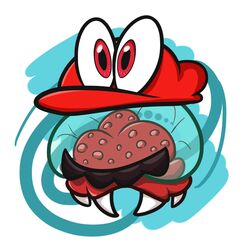  1:1 alien animate_inanimate big_eyes bonneter cappy_(mario) close-up clothing crossover dinggoob facial_hair hat headgear headwear junkbag male mario_bros metroid metroid_(species) monster moustache nintendo not_furry possession simple_background solo super_mario_odyssey white_background 