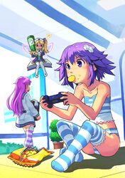  3girls bottle commentary_request controller d-pad d-pad_hair_ornament drunk fairy game_controller hair_ornament histoire long_hair multiple_girls nepgear neptune_(neptunia) neptune_(series) panties photoshop_(medium) purple_eyes purple_hair segamark short_hair snack striped_clothes striped_panties striped_thighhighs thighhighs underwear 