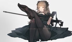  barrett_m98b black_dress black_gloves black_pantyhose blunt_bangs brown_eyes brown_hair commentary dress female frills gloves gun hairband highres holding holding_gun holding_weapon legs leupold_optics lisa_(kimiko2016) long_hair looking_at_viewer open_mouth original pantyhose plantar_flexion rifle scope sidelocks sitting smile sniper_rifle soles solo thighs toes weapon 