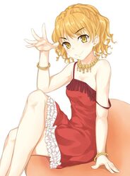  blonde_hair bracelet dress female jewelry legs legs_crossed necklace red_dress simple_background sitting smile solo strap_slip the_girl_in_the_dress to_aru_majutsu_no_index yellow_eyes 