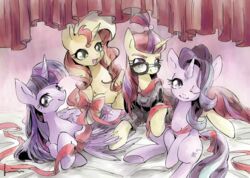  2017 alicorn curtains cutie_mark digital_media_(artwork) equestria_girls equid equine eyelashes eyewear female feral friendship_is_magic glasses group hair happy hasbro horn kuzumori mammal moondancer_(mlp) multicolored_hair my_little_pony mythological_creature mythological_equine mythology one_eye_closed purple_eyes ribbons smile starlight_glimmer_(mlp) sunset_shimmer_(eg) twilight_sparkle_(mlp) two_tone_hair unicorn wings wink 