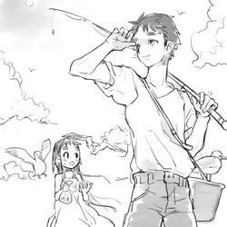  2boys bag bird blush bucket cloud coin_rand crossdressing diamond_mouth dress fishing_rod from_below greyscale long_hair monochrome multiple_boys nervous open_mouth original otoko_no_ko pants seagull shading_eyes shigeru_(rand) shirt sky strap sundress t-shirt very_long_hair 