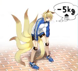  alternate_costume animal_ears bad_id bad_twitter_id bike_shorts blonde_hair blue_eyes commentary_request contemporary female fox_ears fox_tail heavy_breathing jacket kinketsu kitsune knee_pads kyuubi long_sleeves multiple_tails one_eye_closed open_mouth pavement running_bond short_hair solo speech_bubble standing tail touhou track_jacket white_background yakumo_ran 