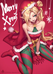  :d alternate_costume ambitious_elf_jinx artist_logo asymmetrical_gloves bare_shoulders blonde_hair boots bow christmas collarbone commentary dress female freckles fur-trimmed_boots fur-trimmed_dress fur-trimmed_gloves fur-trimmed_headwear fur_trim gloves green_eyes hair_over_one_eye hairbow hat highres jinx_(league_of_legends) league_of_legends long_hair looking_at_viewer merry_christmas mismatched_gloves oopartz_yang open_mouth pantyhose patreon_username pointy_ears pom_pom_(clothes) red_background red_bow red_dress red_footwear red_gloves red_hat santa_costume side_ponytail simple_background sitting smile solo star_(symbol) strapless strapless_dress striped_clothes striped_pantyhose wariza 