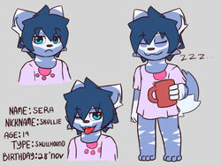  4:3 anthro blue_body blue_eyes blue_fur blue_hair bottomless canid canine closed_eyes clothed clothing container cup cynxie_(artist) english_text fur hair male mammal model_sheet sera_(cynxie) shirt solo t-shirt text tongue tongue_out topwear young young_anthro 