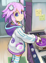  commentary_request cooking d-pad d-pad_hair_ornament female hair_ornament hood hoodie jacket looking_at_viewer neptune_(neptunia) neptune_(series) photoshop_(medium) pot purple_eyes purple_hair segamark solo striped_clothes striped_thighhighs thighhighs 