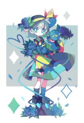  amakusa_(hidorozoa) bad_id bad_twitter_id dress eyeball female flower full_body green_eyes green_hair green_skirt hat hat_ribbon heart heart_of_string kneehighs komeiji_koishi long_sleeves ribbon shirt simple_background skirt socks solo string third_eye touhou wide_sleeves 