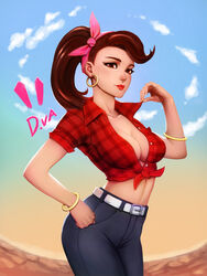  bad_artstation_id bad_id bangle belt blue_pants blue_sky bracelet breasts brown_eyes brown_hair character_name cleavage clothes_pull cloud cloudy_sky collarbone contrapposto cowboy_shot cruiser_d.va d.va_(overwatch) day earrings eyelashes eyeliner eyeshadow female fingernails front-tie_top gabriel_carrasquillo hairband hand_on_own_hip hand_up head_scarf highres hoop_earrings jewelry legs_together lipstick long_hair looking_at_viewer makeup mascara medium_breasts no_bra nose official_alternate_costume outdoors overwatch overwatch_1 pants pink_hairband pink_ribbon plaid plaid_shirt ponytail pulling_own_clothes red_lips red_shirt ribbon shirt shirt_pull short_sleeves sky smile solo standing swept_bangs tight_clothes tight_pants unbuttoned unbuttoned_shirt white_belt 