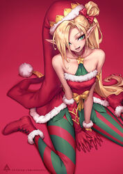  :d alternate_costume ambitious_elf_jinx artist_logo asymmetrical_gloves bare_shoulders blonde_hair boots bow christmas collarbone commentary dress female freckles fur-trimmed_boots fur-trimmed_dress fur-trimmed_gloves fur-trimmed_headwear fur_trim gloves green_eyes hair_over_one_eye hairbow hat highres jinx_(league_of_legends) league_of_legends long_hair looking_at_viewer mismatched_gloves oopartz_yang open_mouth pantyhose patreon_username pointy_ears pom_pom_(clothes) red_background red_bow red_dress red_footwear red_gloves red_hat santa_costume side_ponytail simple_background sitting smile solo star_(symbol) strapless strapless_dress striped_clothes striped_pantyhose wariza 