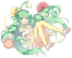  alraune_(p&amp;d) antenna_hair aqua_eyes aqua_hair bare_shoulders commentary_request dress female flower kaki_s long_hair looking_at_viewer monster_girl open_mouth photoshop_(medium) plant_girl puzzle_&amp;_dragons smile solo thighhighs wand white_dress 