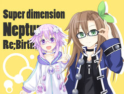  2girls bad_id bad_pixiv_id bespectacled brown_hair commentary_request d-pad d-pad_hair_ornament fuji_kakei glasses green_eyes hair_ornament hair_ribbon hood hoodie if_(neptunia) jacket looking_at_viewer multiple_girls neptune_(neptunia) neptune_(series) one_side_up purple_eyes ribbon v 