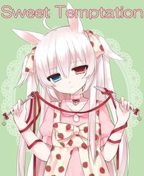  ahoge alice_claudia animal_ears apron bad_id bad_pixiv_id choker female food_print fork head_tilt heart heterochromia highres knife long_hair original ribbon solo strawberry_print tsukikage_nemu two_side_up white_hair 