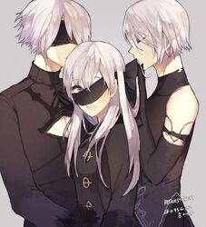  2b_(nier:automata) 2boys 9s_(nier:automata) a2_(nier:automata) black_blindfold blindfold blue_eyes character_name cleavage_cutout closed_eyes clothing_cutout commentary_request covered_eyes english_text female genderswap_(ftm) genderswap_(mtf) grey_background highres long_hair long_sleeves looking_at_another mole mole_under_mouth multiple_boys nahonanaho nier:automata nier_(series) rule_63 short_hair simple_background white_hair 